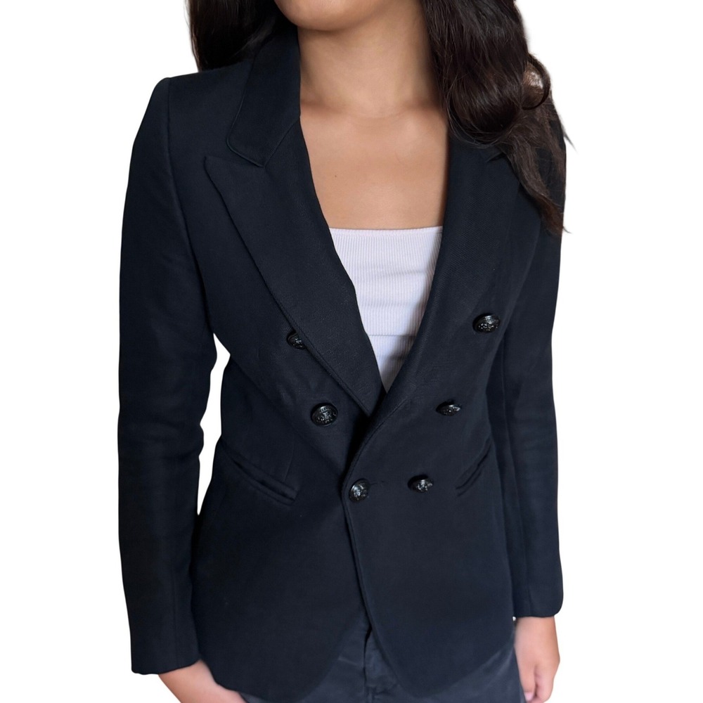 Sandro Double Breasted Blazer Jacket Black Size 36 Wool Linen Blend